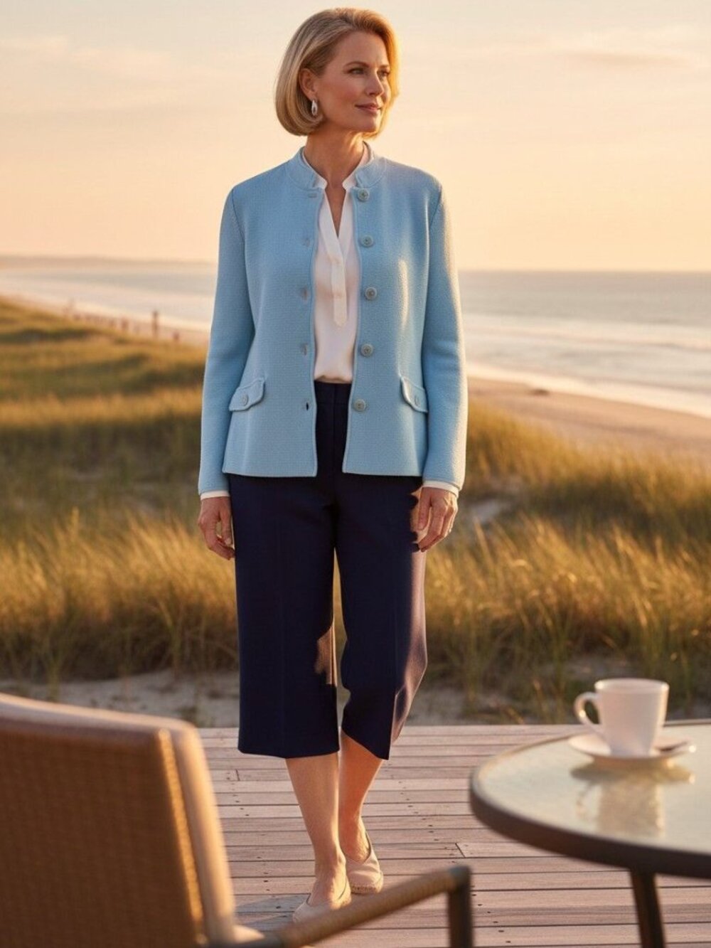 Talbots Light Blue Knit Lady Jacket Sweater, Mandarin Collar, Preppy, Grandmille